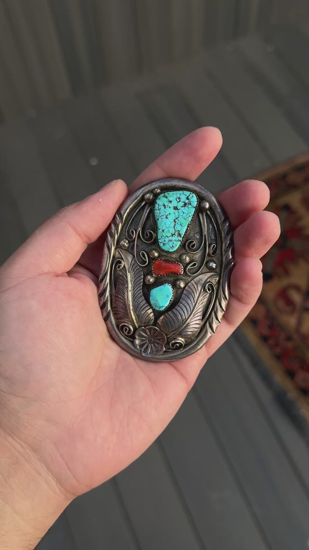 Vintage Navajo Sterling Silver Belt Buckle with Turquoise & Coral – 63.33g