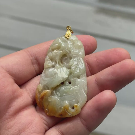 Large Carved Jade Pendant with 14K Gold Bail – 26.16g, 3.5" x 1.5" Floral