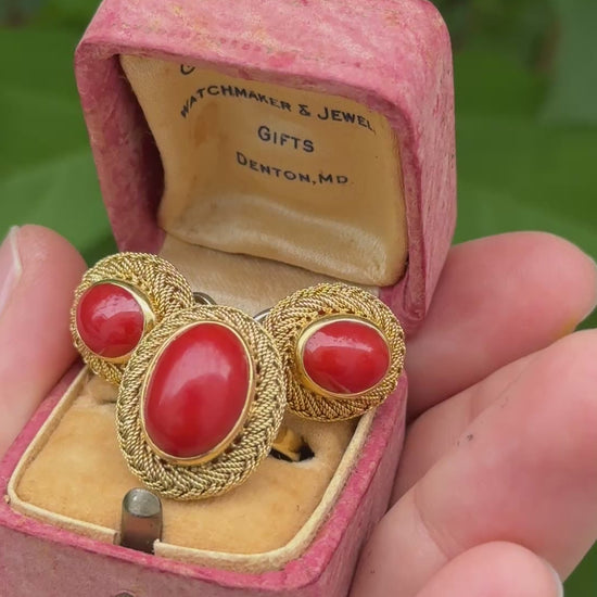 Estate Italian 18K Yellow Gold Blood Red Coral Earring & Ring Set 15.84g Size 8