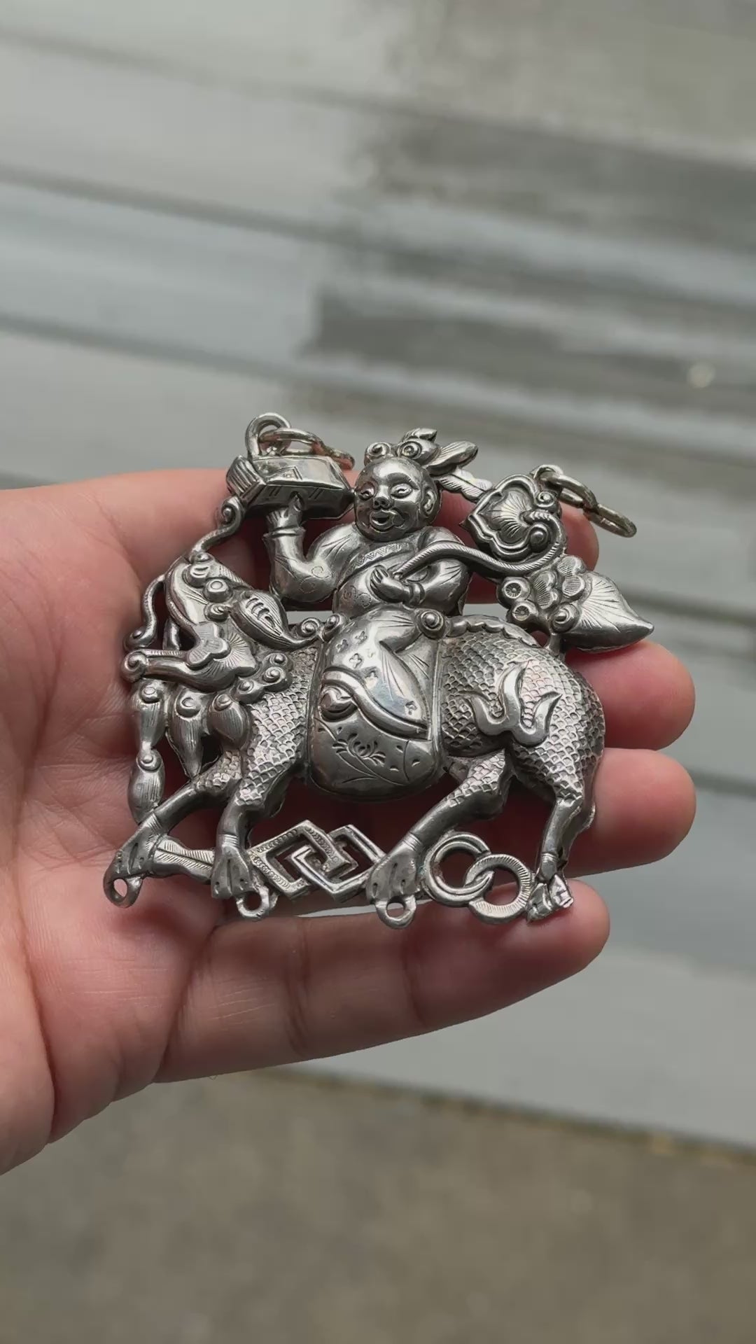 Antique Chinese Silver Pendant 39.23g – Warrior on Qilin Mythical Beast 2.5" x 3