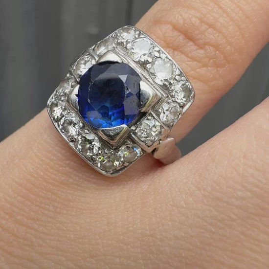 Art Deco 14K White Gold Diamond & Sapphire Ring Size 5 IGI Certified