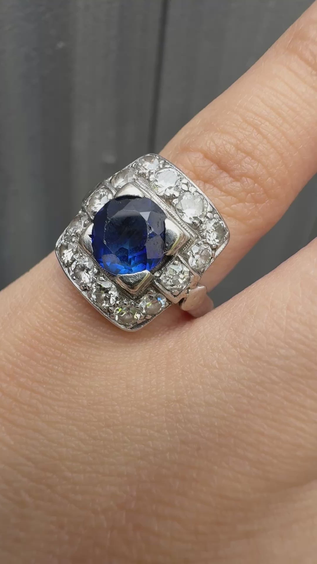 Art Deco 14K White Gold Diamond & Sapphire Ring Size 5 IGI Certified