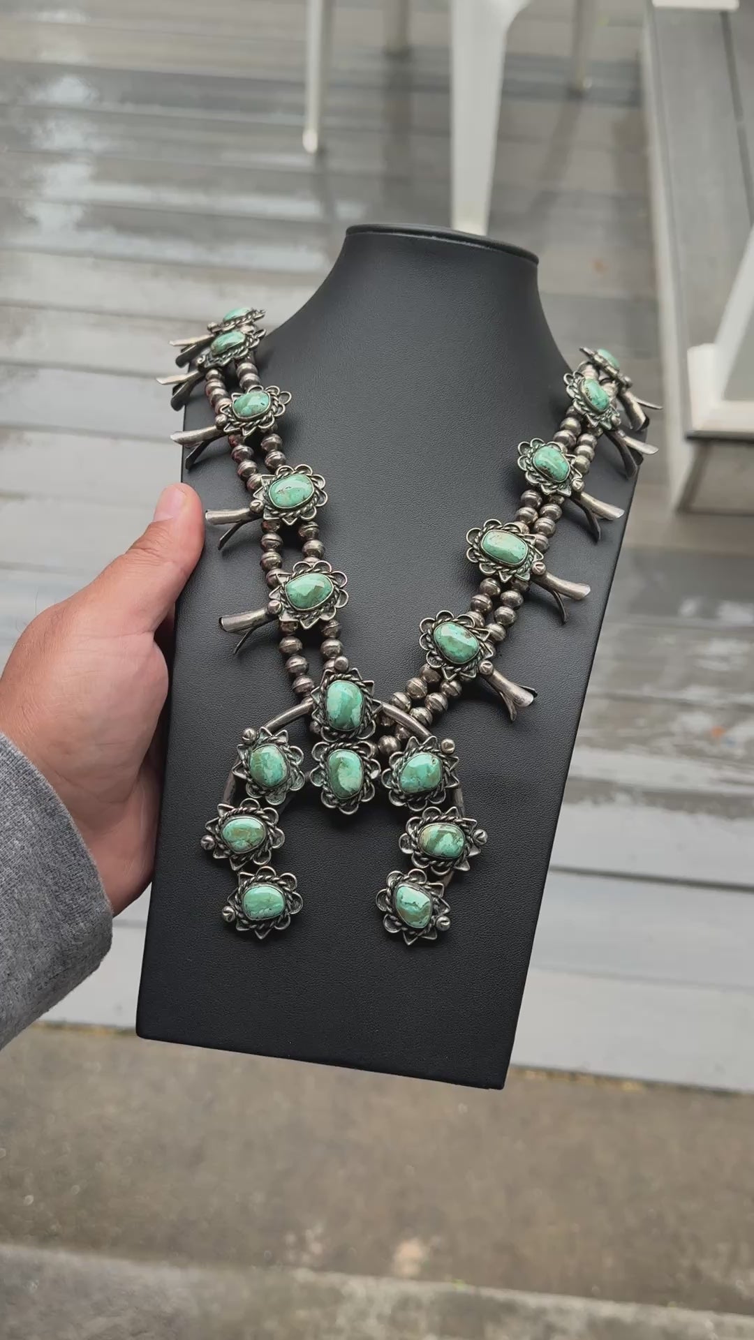 Vintage Navajo Sterling Silver Squash Blossom Necklace 191g Turquoise 25.5"