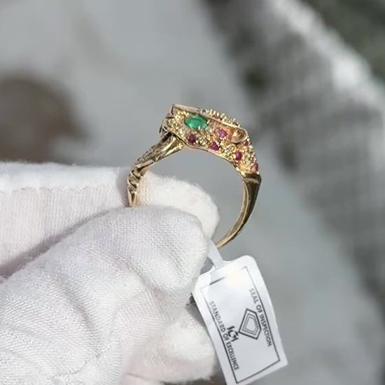 IGI Certified Vintage 14K Yellow Gold Ruby Emerald Diamond Leopard Ring Size 6.5