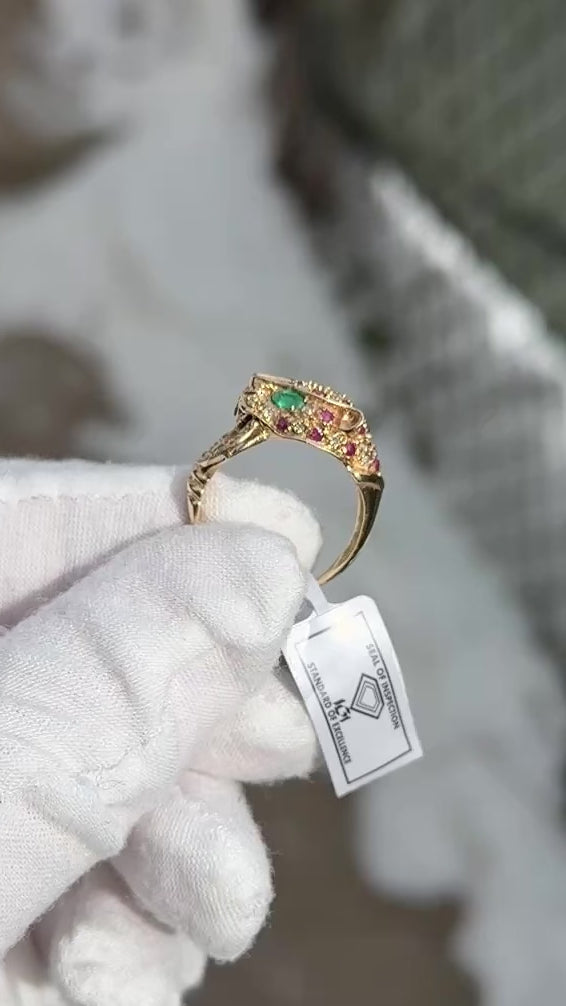 IGI Certified Vintage 14K Yellow Gold Ruby Emerald Diamond Leopard Ring Size 6.5