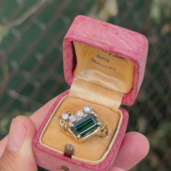 IGI Certified 3CT Emerald Cut Green Tourmaline Diamond Ring 14K Size 7.25