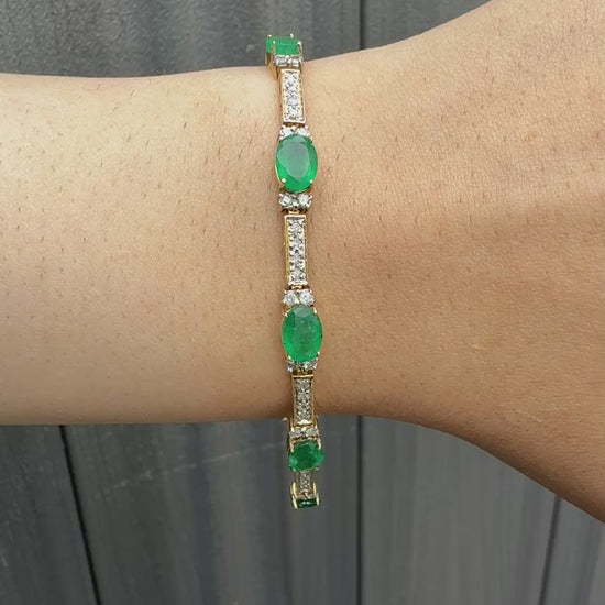 14K Yellow Gold Bracelet 6.03ct Emeralds & 0.93ct Diamond Accents 7 Inches