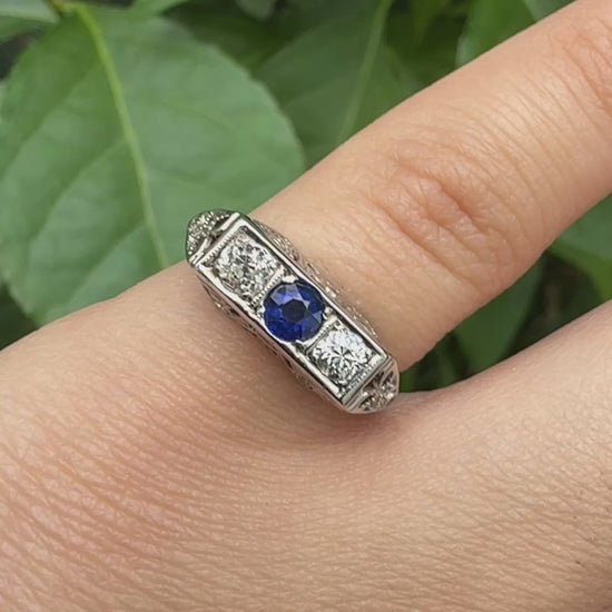 Art Deco 18K White Gold Ring Sapphire & 0.34ct Natural Diamonds Size 4.5