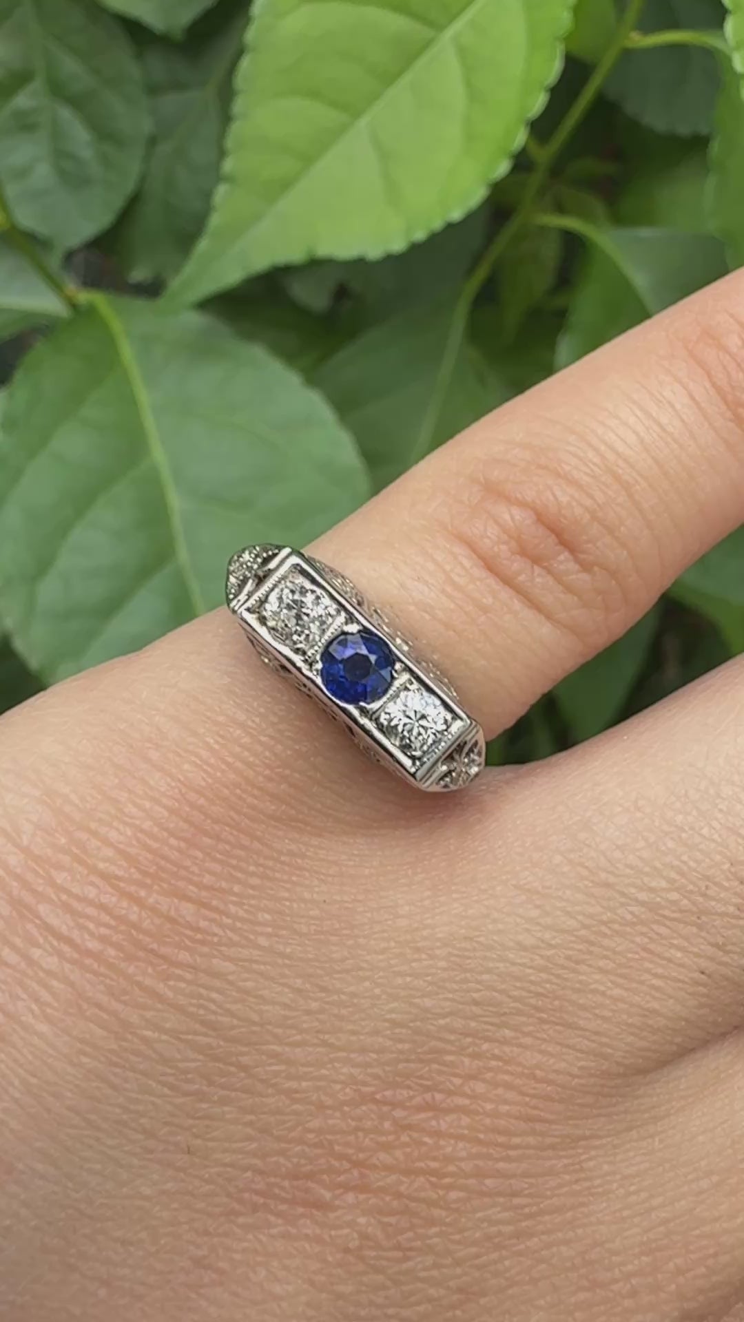 Art Deco 18K White Gold Ring Sapphire & 0.34ct Natural Diamonds Size 4.5