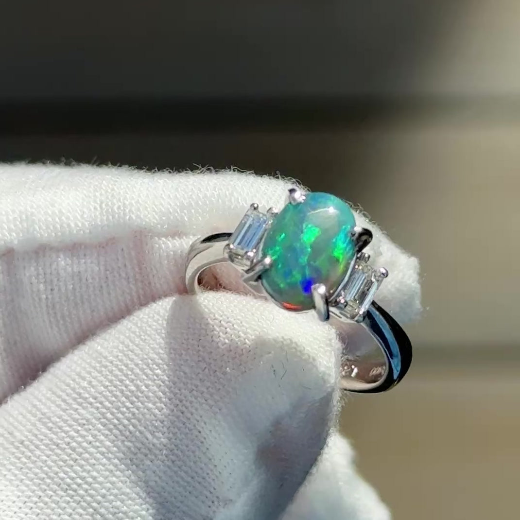 Custom Platinum 1.20ct Black Opal & Baguette Diamond Three-Stone Ring
