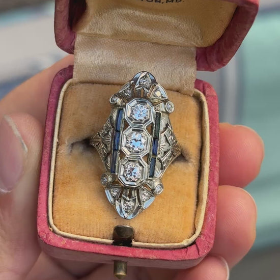 IGI Certified Art Deco Diamond Shield Ring 18K White Gold Gold Ring Size 6.5