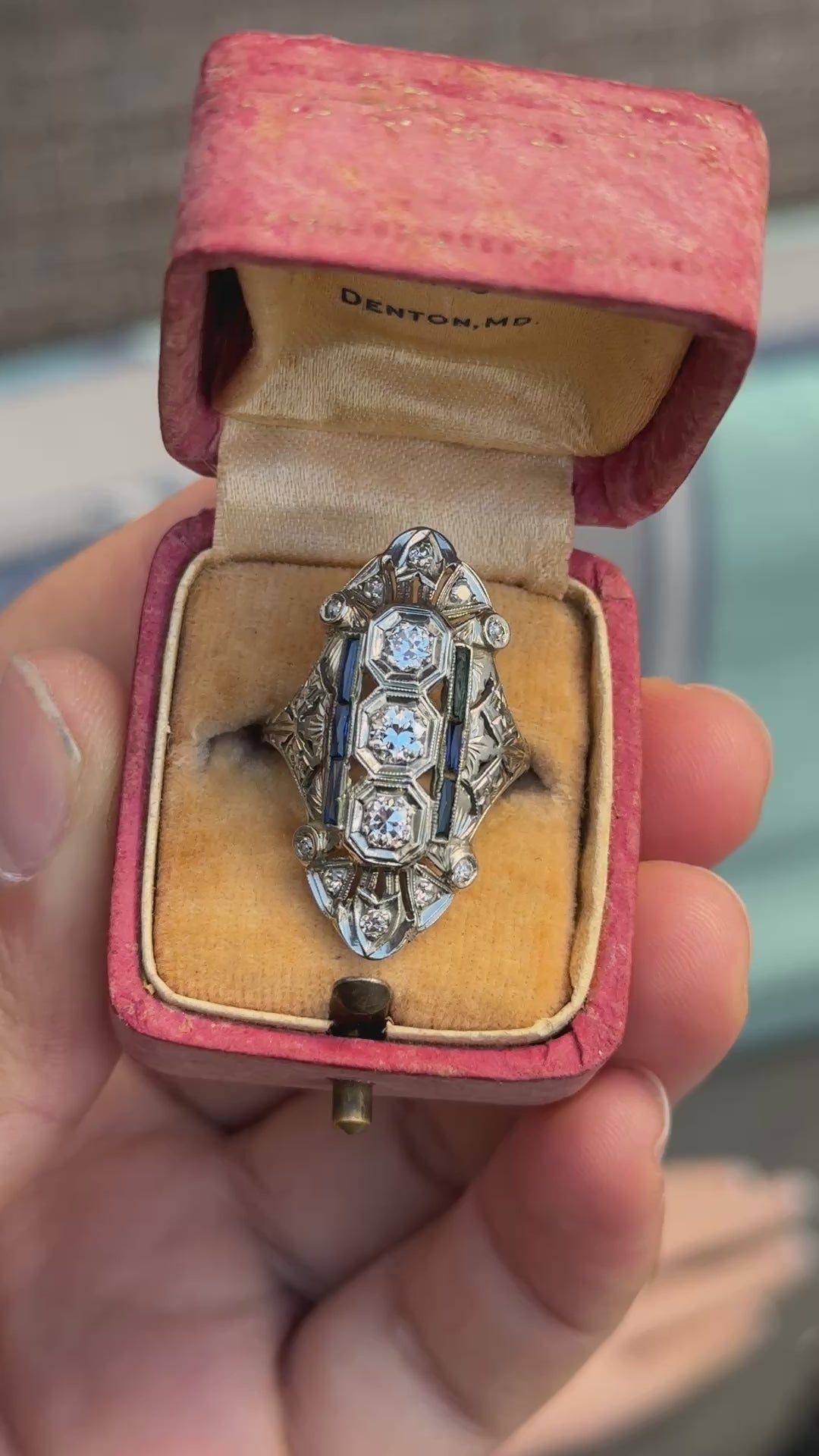 IGI Certified Art Deco Diamond Shield Ring 18K White Gold Gold Ring Size 6.5