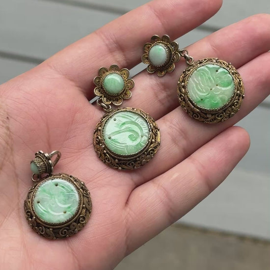 Antique Chinese Jade Filigree Silver Earring & Pendant Set Lockets 29.84g