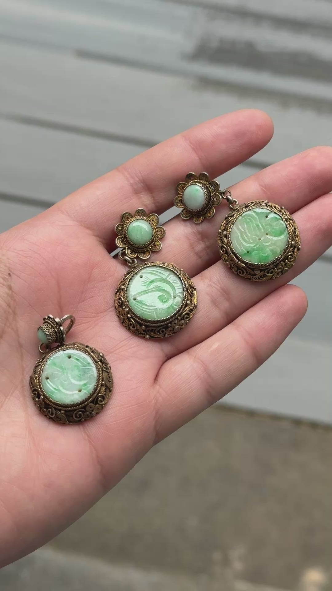 Antique Chinese Jade Filigree Silver Earring & Pendant Set Lockets 29.84g
