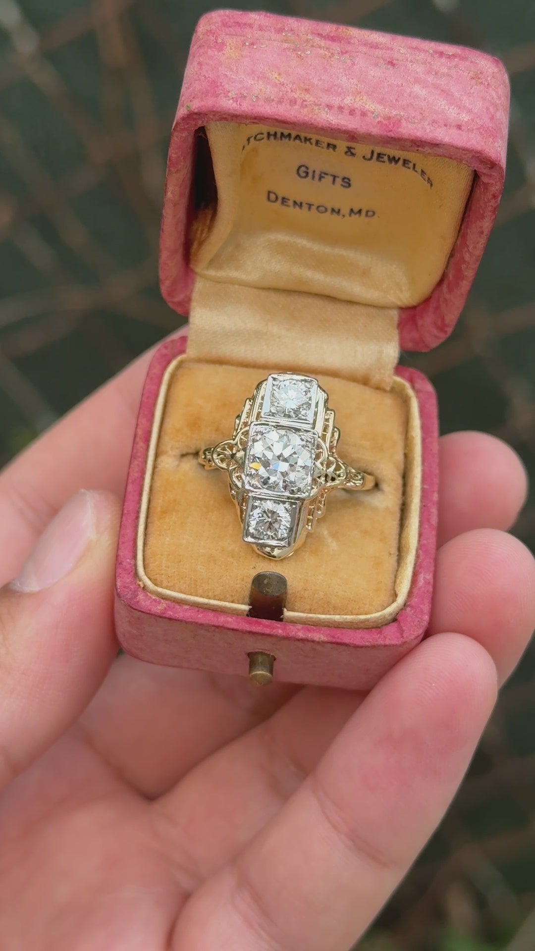 GIA Certified 14K Gold Art Deco Three-Stone Diamond Engagement Ring 2.00 TCW