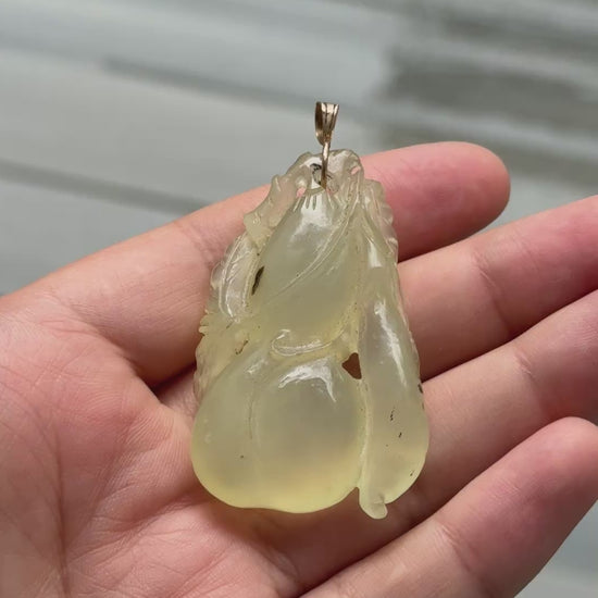 Vintage Carved Jade Pendant with 14K Gold Bail 27.77g – 2" x 1 1/8" Gourd & Leaf