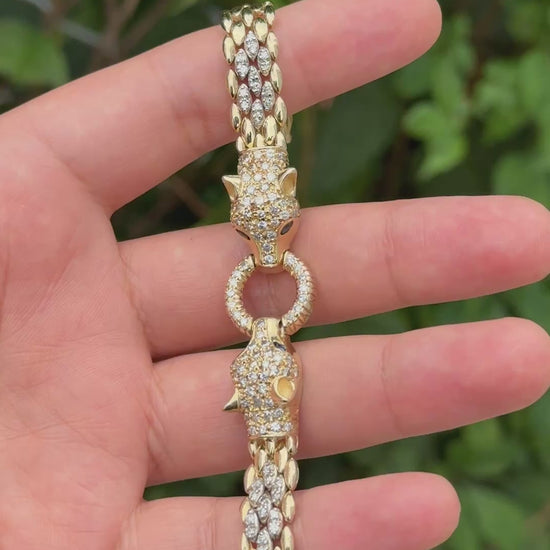 IGI Certified 14K Yellow Gold Panther Motif Diamond & Sapphire Link Bracelet