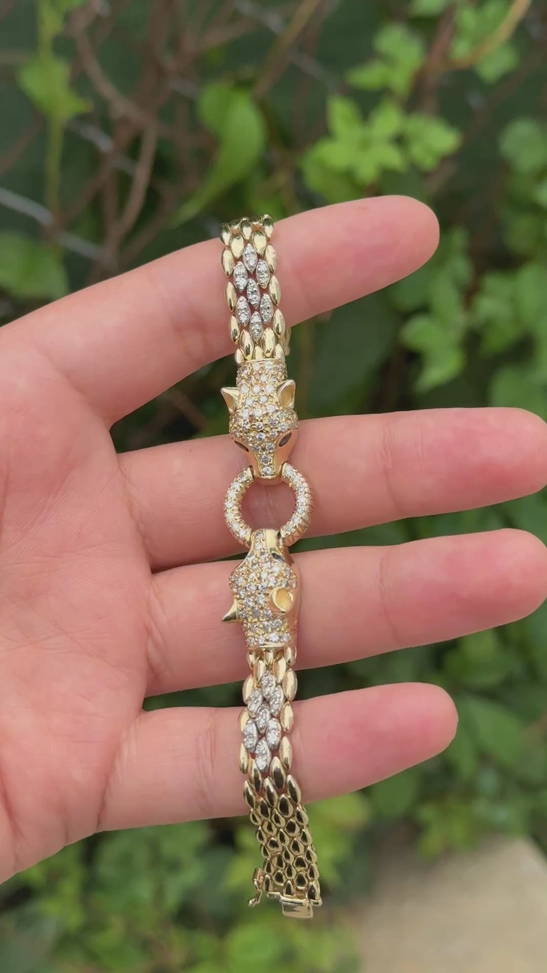 IGI Certified 14K Yellow Gold Panther Motif Diamond & Sapphire Link Bracelet