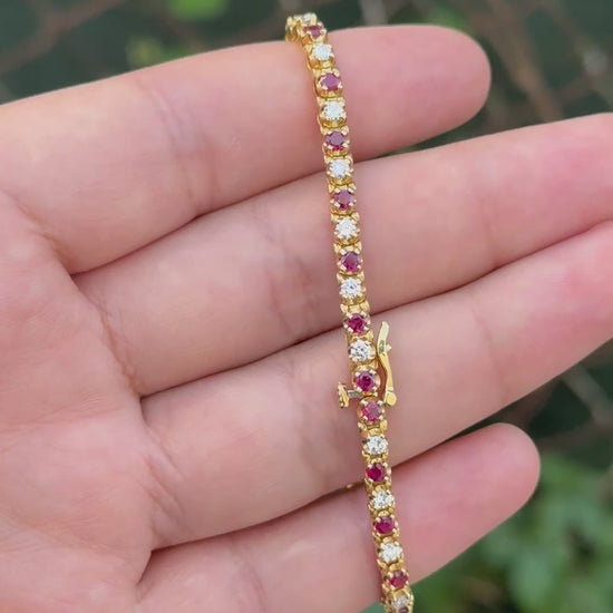 3.05 TCW Ruby & Diamond Tennis Bracelet in 18K Yellow Gold – 7" – IGI Certified