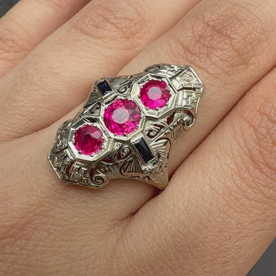 18K White Gold Ruby & Sapphire Ring Art Deco Period IGI Certified Ring Size 9.25
