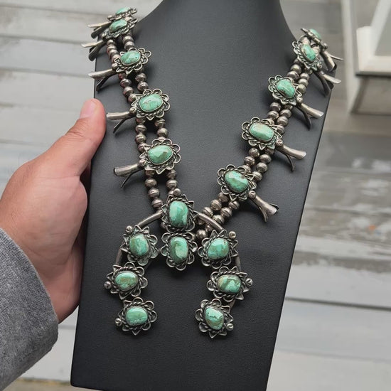 Vintage Navajo Sterling Silver Squash Blossom Necklace 191g Turquoise 25.5"