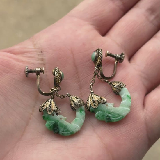 Vintage Carved Jade & Silver Filigree Screw-Back Earrings – 8.66g