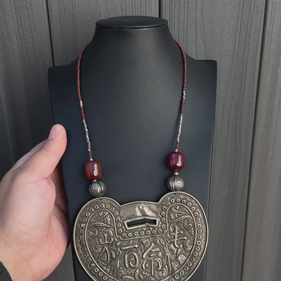 Antique Chinese Silver Longevity Pendant Necklace – 53.20g, 4.65” x 3.5”