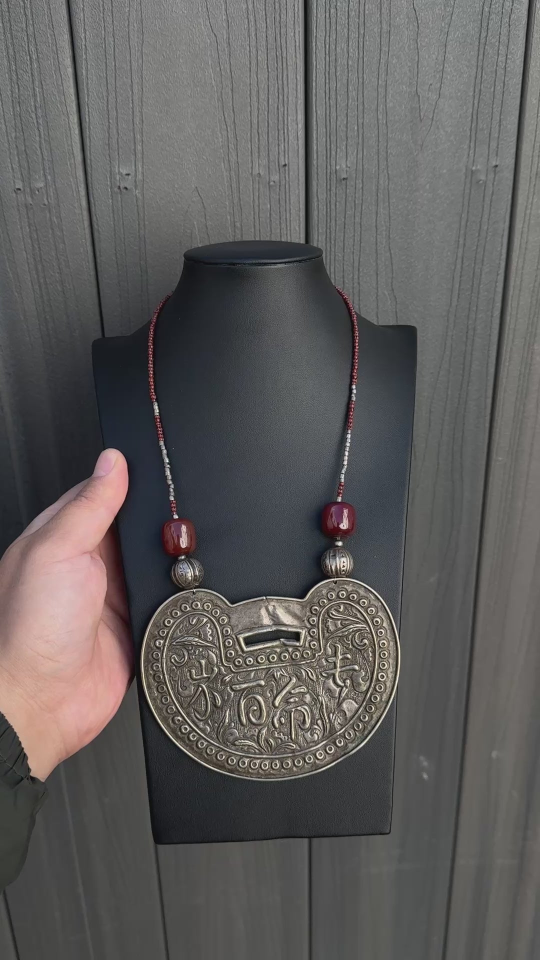 Antique Chinese Silver Longevity Pendant Necklace – 53.20g, 4.65” x 3.5”