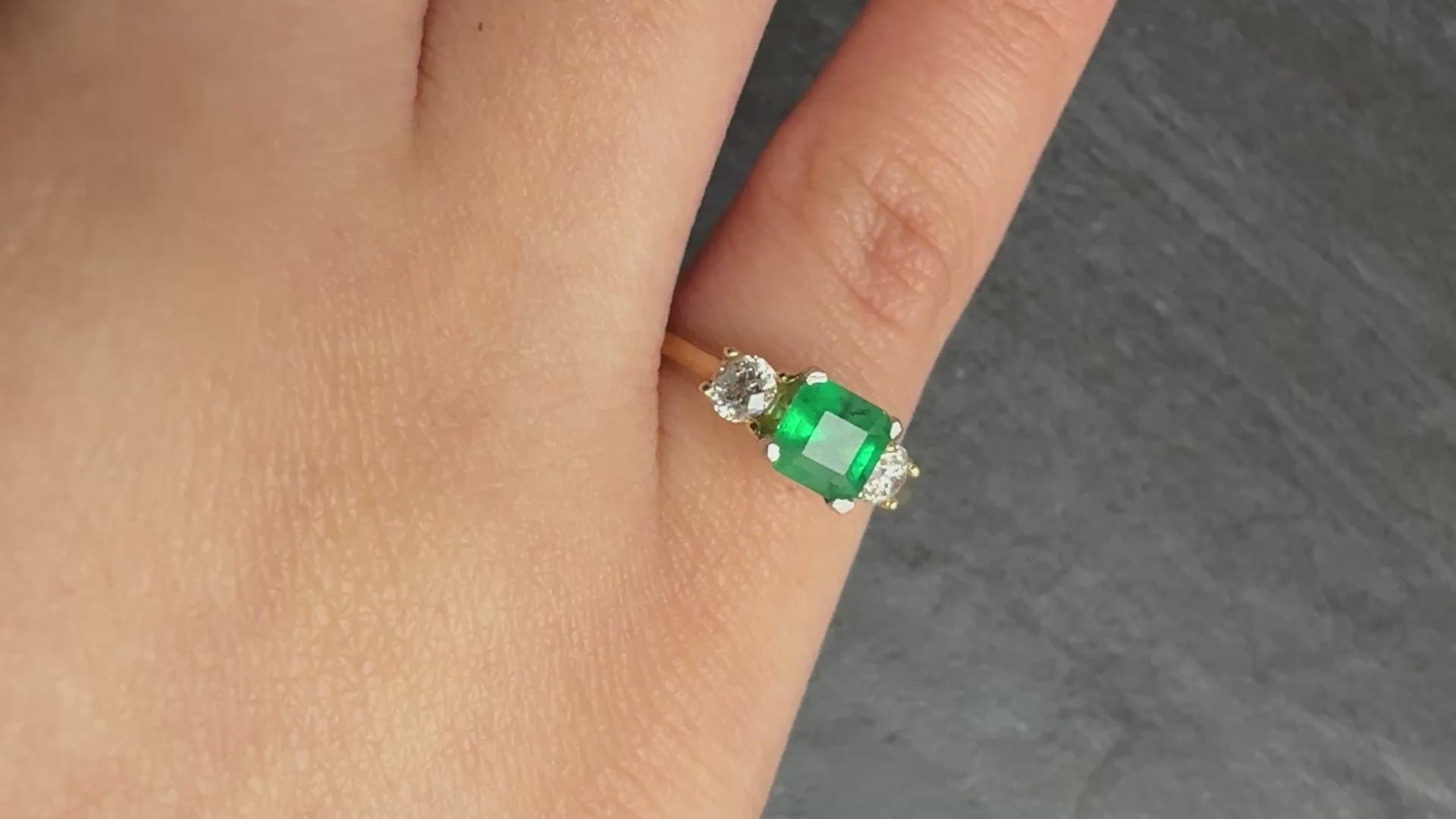 14K Yellow Gold Emerald & Diamond Three-Stone Ring – 0.52ct Vivid Emerald