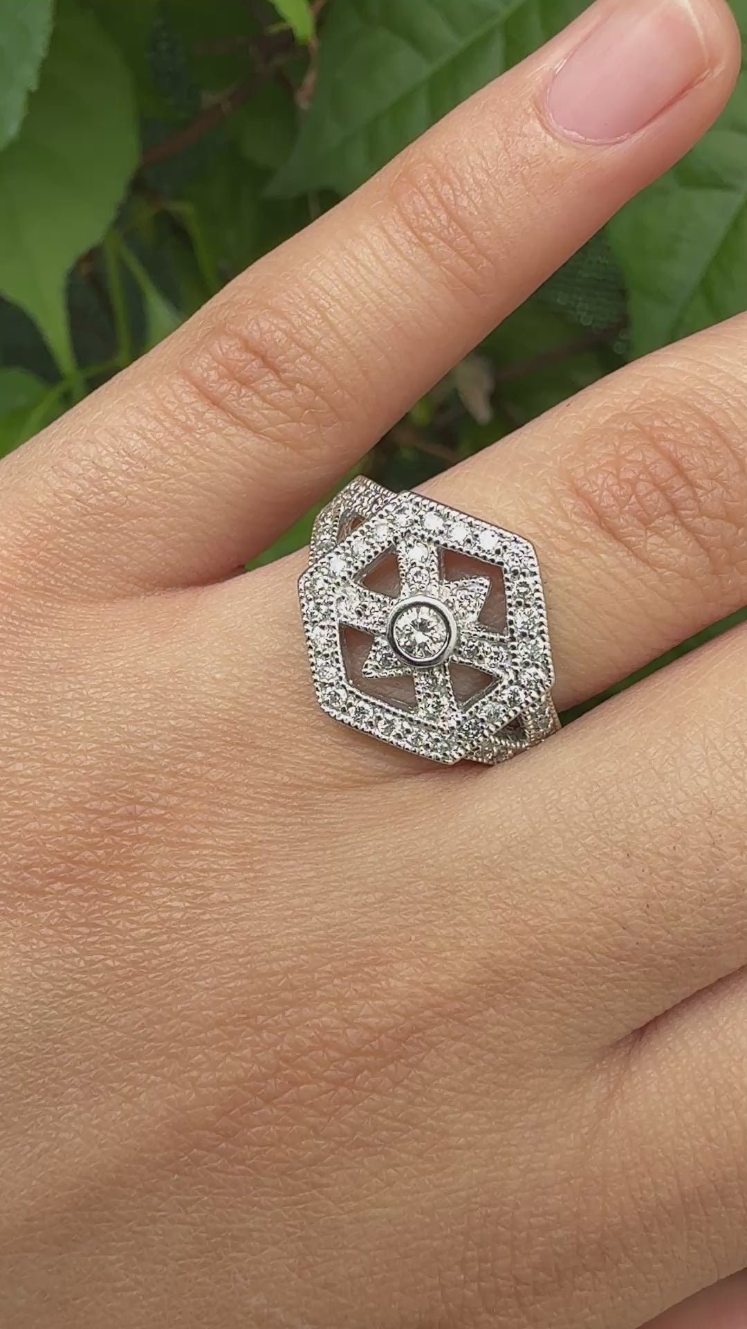 IGI Certified 14K White Gold Geometric Diamond Ring – 0.75 TCW, Size 8