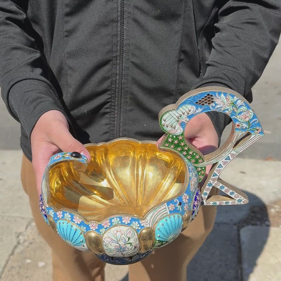 Extremely Gorgeous And Large Russian Enamel Silver Kovsh