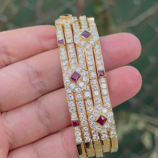 Important Heavy French 18K Gold Diamond & Ruby Bracelet 10 Carats