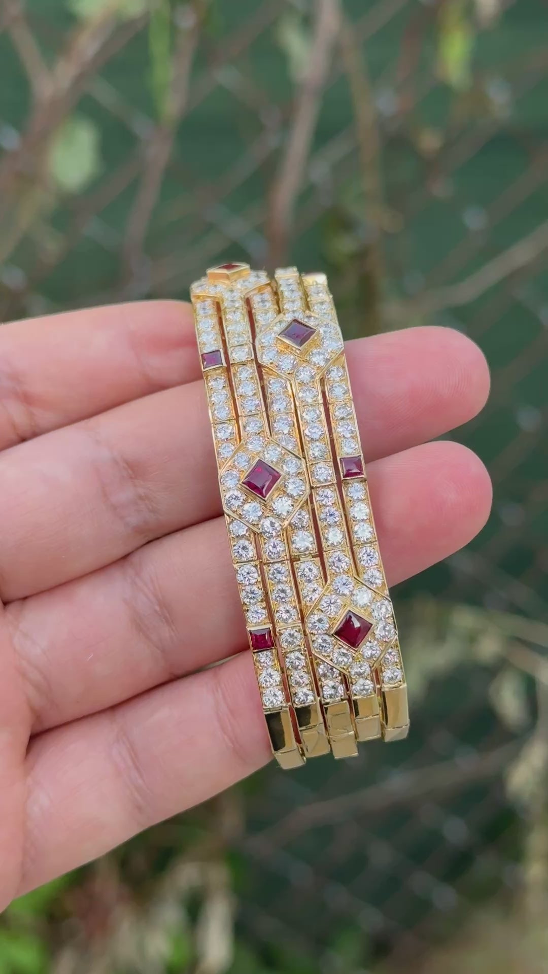 Important Heavy French 18K Gold Diamond & Ruby Bracelet 10 Carats