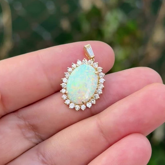 IGI Certified 2.45 CT Natural Opal & Diamond Halo Pendant in 18K Yellow Gold