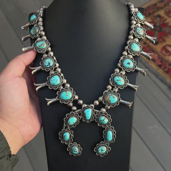 Vintage Navajo Sterling Silver & Turquoise Squash Blossom Necklace
