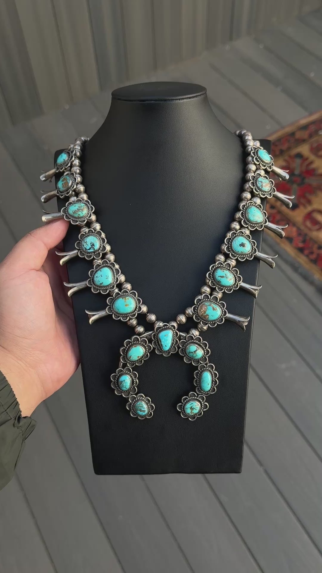Vintage Navajo Sterling Silver & Turquoise Squash Blossom Necklace