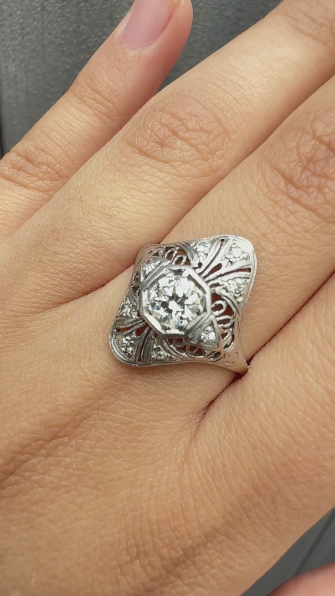 Art Deco Platinum Diamond Ring .50 Carats Center Stone Ring Size 8.75 IGI Cert.