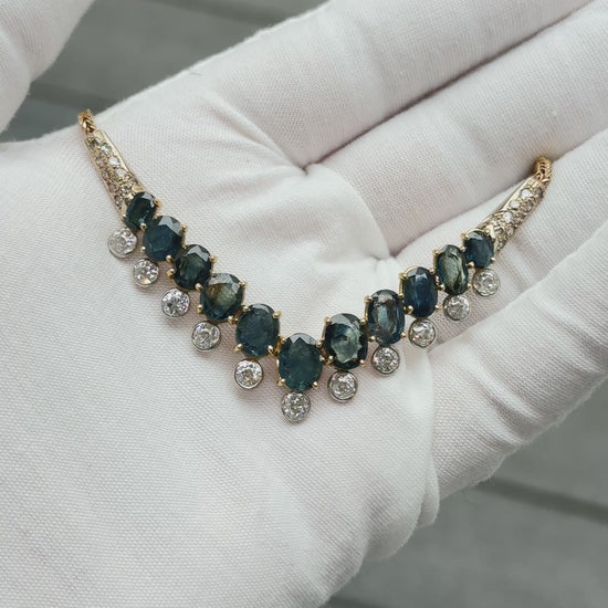 IGI Certified 14K Yellow Gold & Platinum Sapphire Diamond Necklace 19.00 CTW