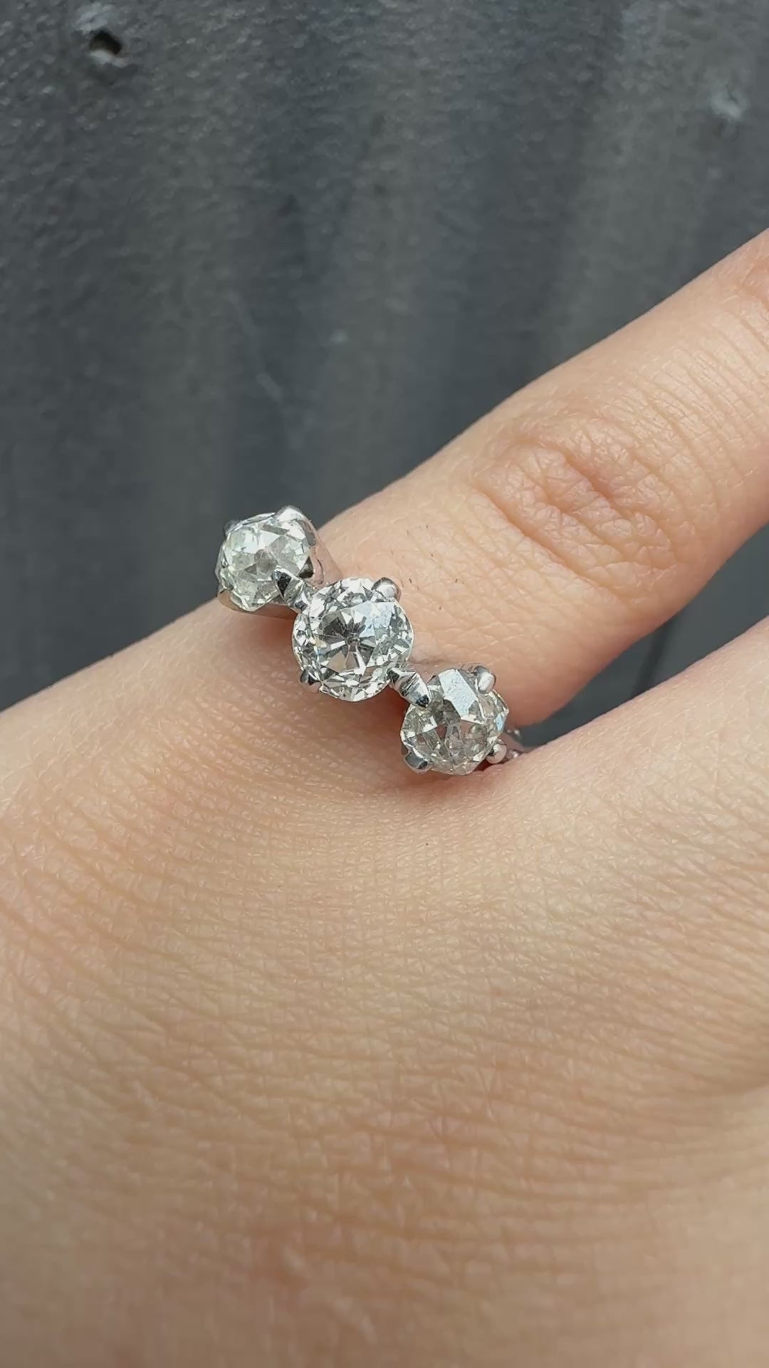 Edwardian 18K White Gold 3-Stone Diamond Ring 1.87 Carats Old Mine Cuts