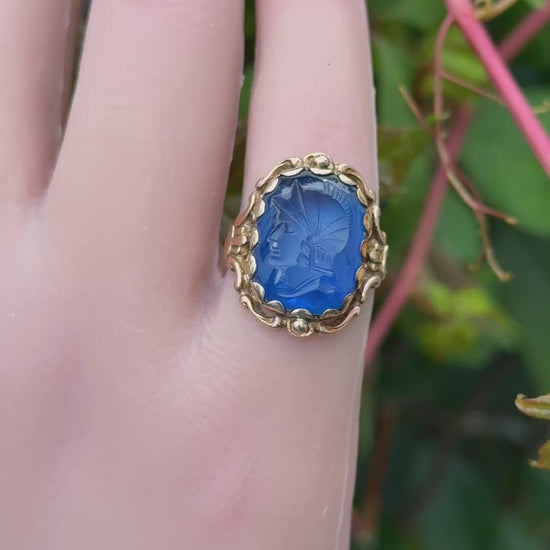 IGI Certified 10K Yellow Gold Carved Spinel Soldier Intaglio Ring Size 5