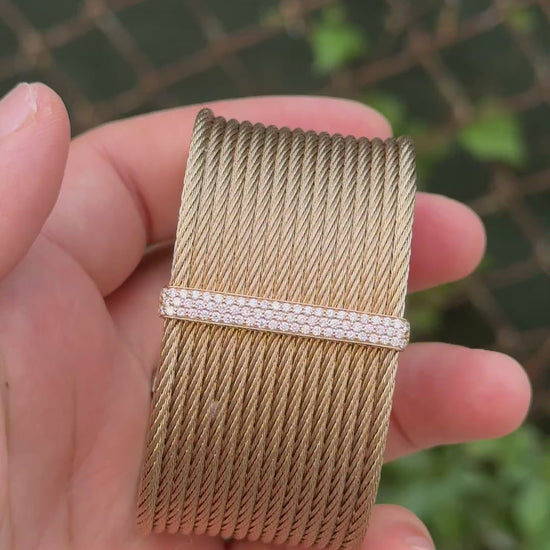 Charriol ALOR 18K Yellow Gold & Stainless Steel Pavé Diamond Wide Cable Cuff