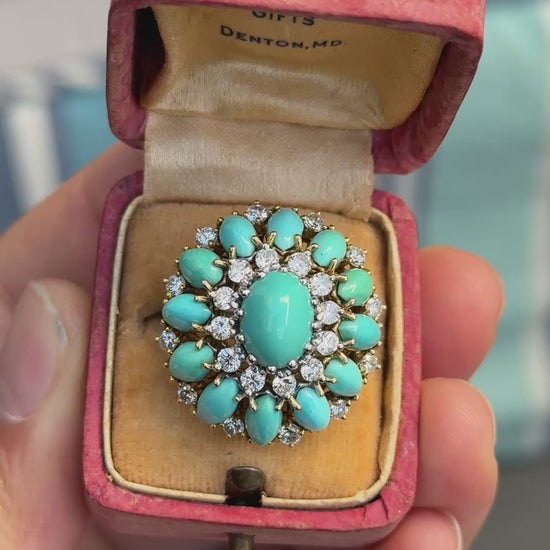 IGI Certified Mid-Century Turquoise & Diamond Statement Cocktail Ring 18K Gold