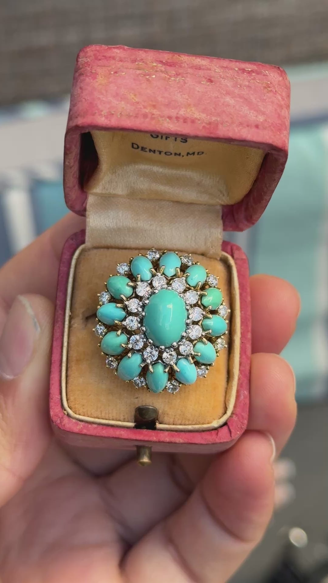 IGI Certified Mid-Century Turquoise & Diamond Statement Cocktail Ring 18K Gold