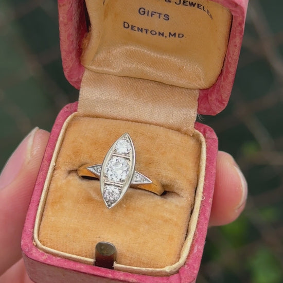 Art Deco 0.80ctw Old Mine Cut Diamond Navette Ring 14K Gold IGI Certified Size 6