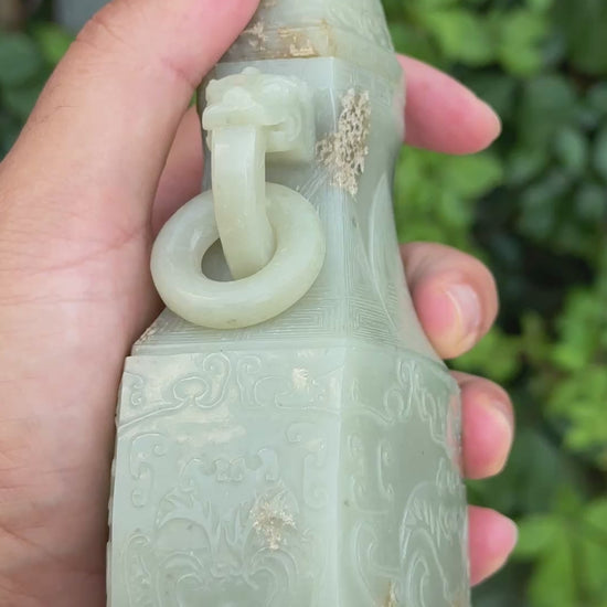 Large Antique Chinese Archaistic Hand-Carved Jade Covered Vase