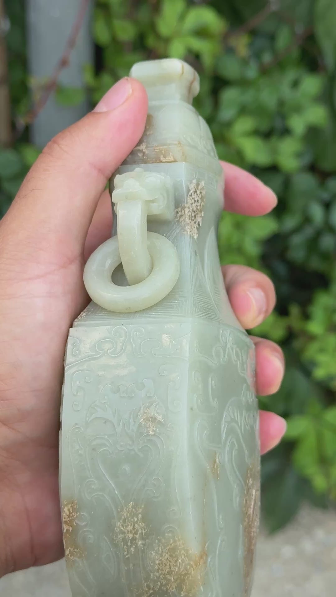 Large Antique Chinese Archaistic Hand-Carved Jade Covered Vase