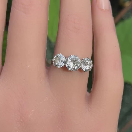 Art Deco 18K White Gold 3-Stone Ring – 3.00ct Old European Cut Diamonds Size 5