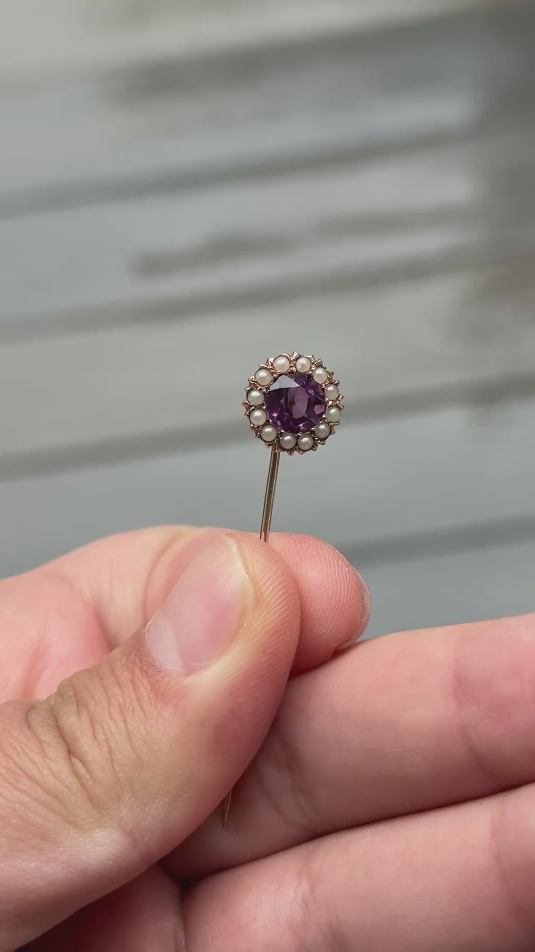 Antique 9K Gold Amethyst & Seed Pearl Halo Stick Pin