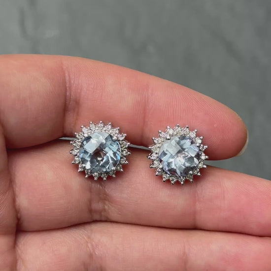 Natural Blue Topaz Diamond Halo Earrings in 14K  White Gold IGI Certified