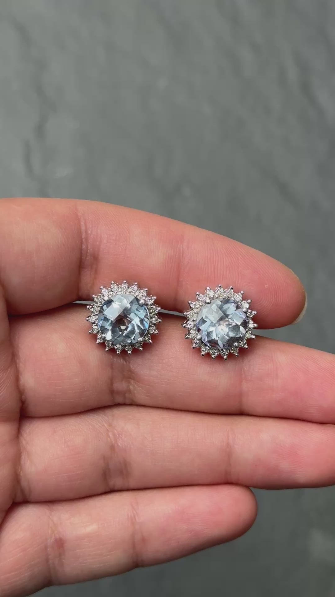 Natural Blue Topaz Diamond Halo Earrings in 14K  White Gold IGI Certified